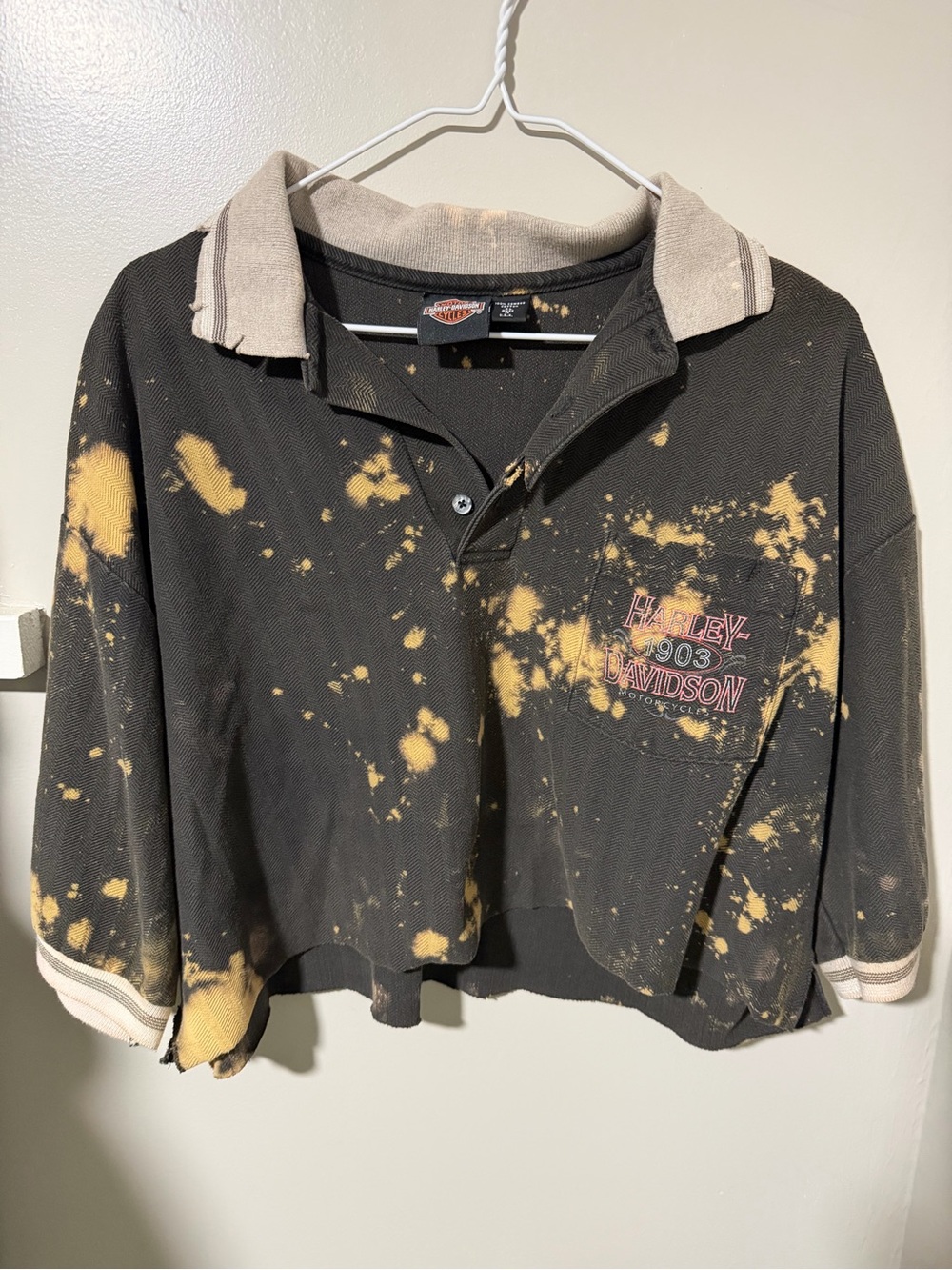 Harley-Davidson Black Polo with Tan Bleach Splatter